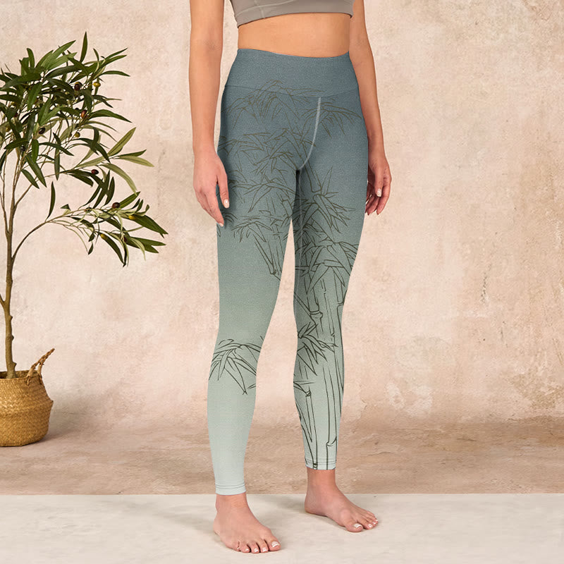 Bamboo Leaves Sketch Print Sports Leggings Women's Yoga Pants