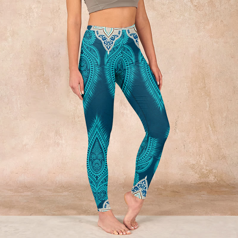 Green Feather Flower Print Gym Fitness Leggings Women's Yoga Pants