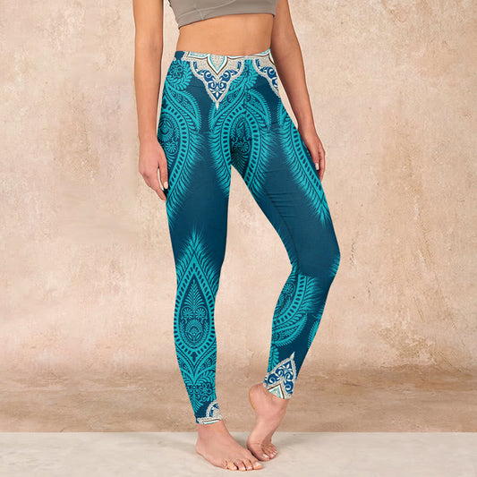 Green Feather Flower Print Gym Fitness Leggings Women's Yoga Pants