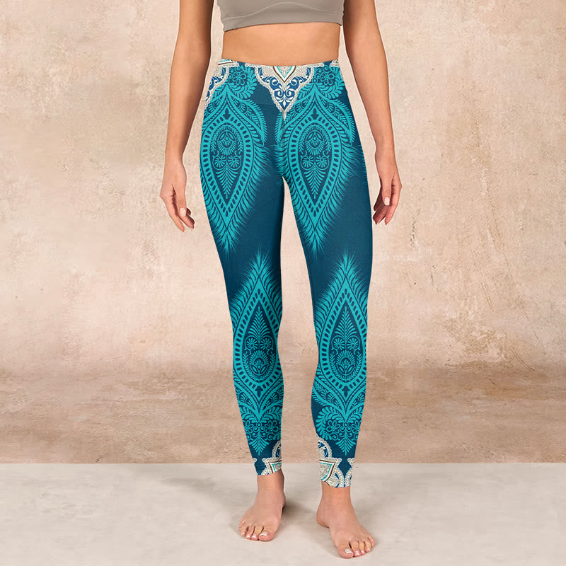 Green Feather Flower Print Gym Fitness Leggings Women's Yoga Pants