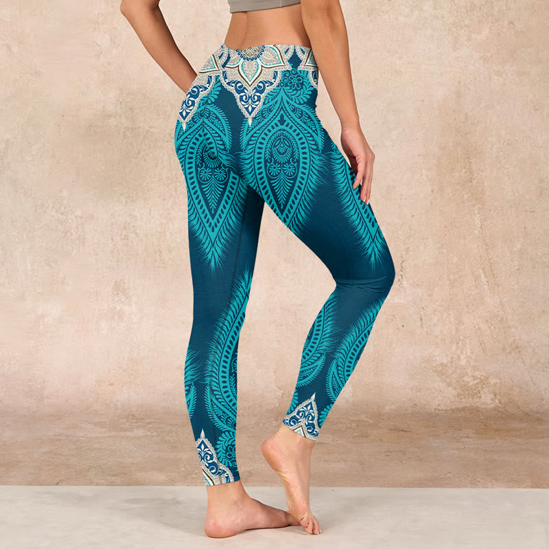 Green Feather Flower Print Gym Fitness Leggings Women's Yoga Pants