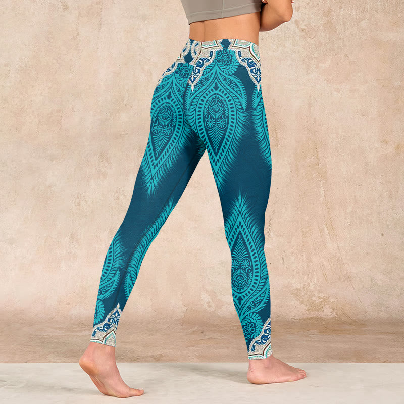 Green Feather Flower Print Gym Fitness Leggings Women's Yoga Pants