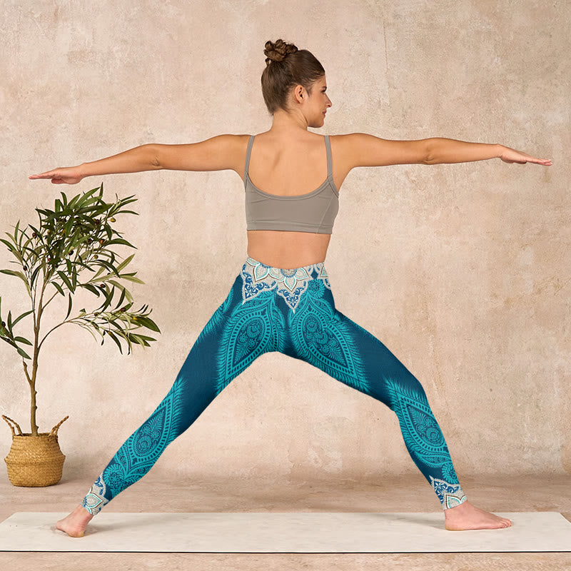 Green Feather Flower Print Gym Fitness Leggings Women's Yoga Pants
