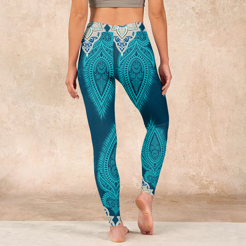 Green Feather Flower Print Gym Fitness Leggings Women's Yoga Pants