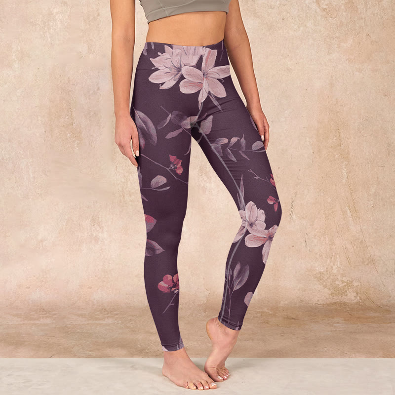 Purple White Flowers Leaves Blossom Print Gym Fitness Leggings Women's Yoga Pants
