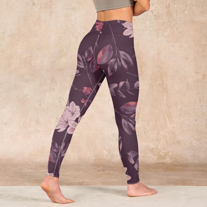 Purple White Flowers Leaves Blossom Print Gym Fitness Leggings Women's Yoga Pants