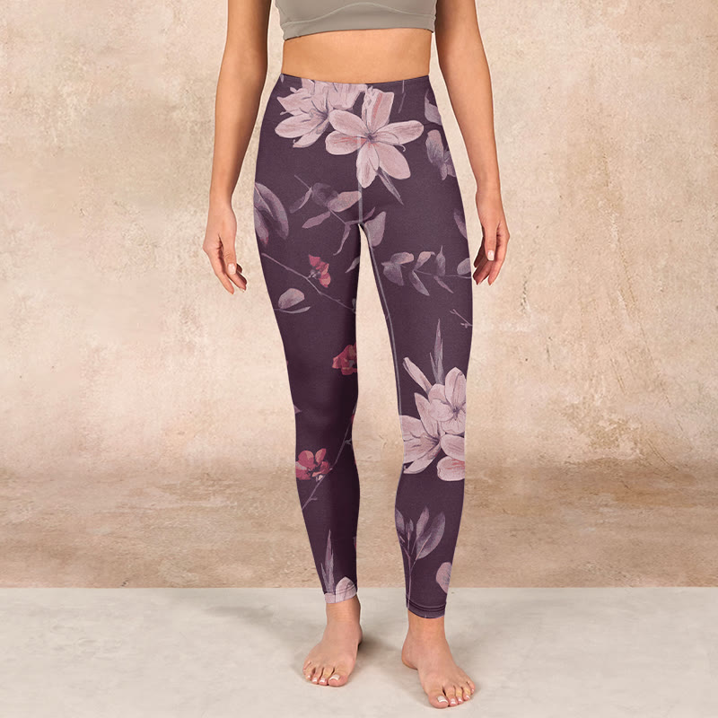 Purple White Flowers Leaves Blossom Print Gym Fitness Leggings Women's Yoga Pants