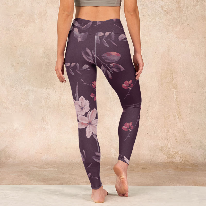 Purple White Flowers Leaves Blossom Print Gym Fitness Leggings Women's Yoga Pants