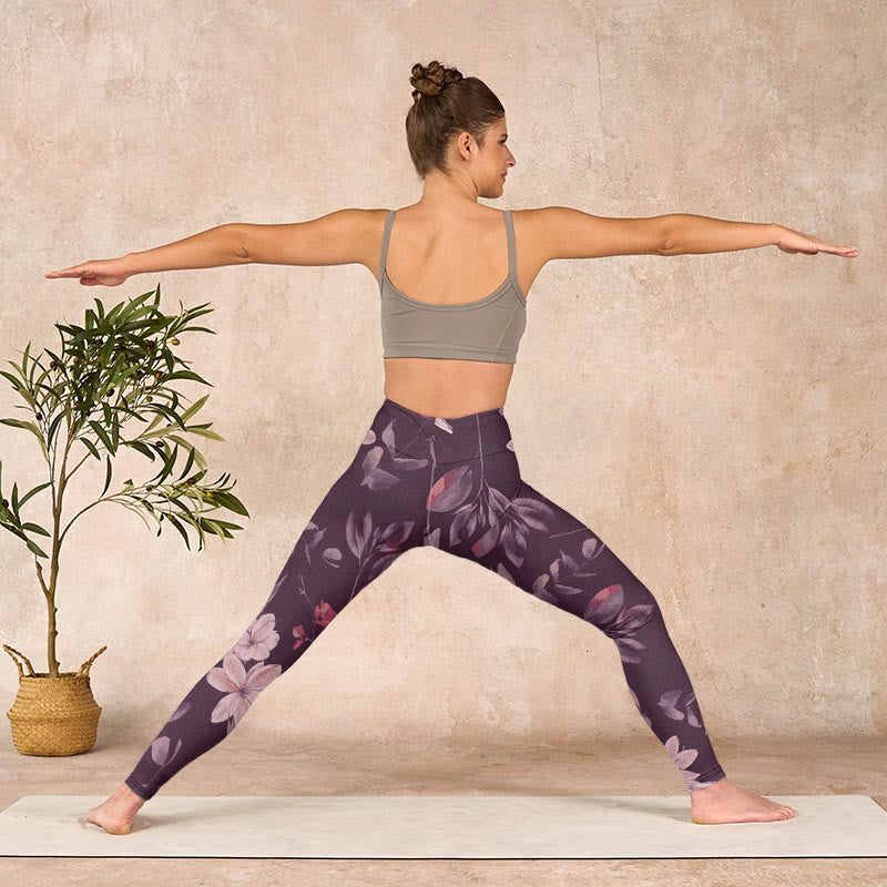Purple White Flowers Leaves Blossom Print Gym Fitness Leggings Women's Yoga Pants