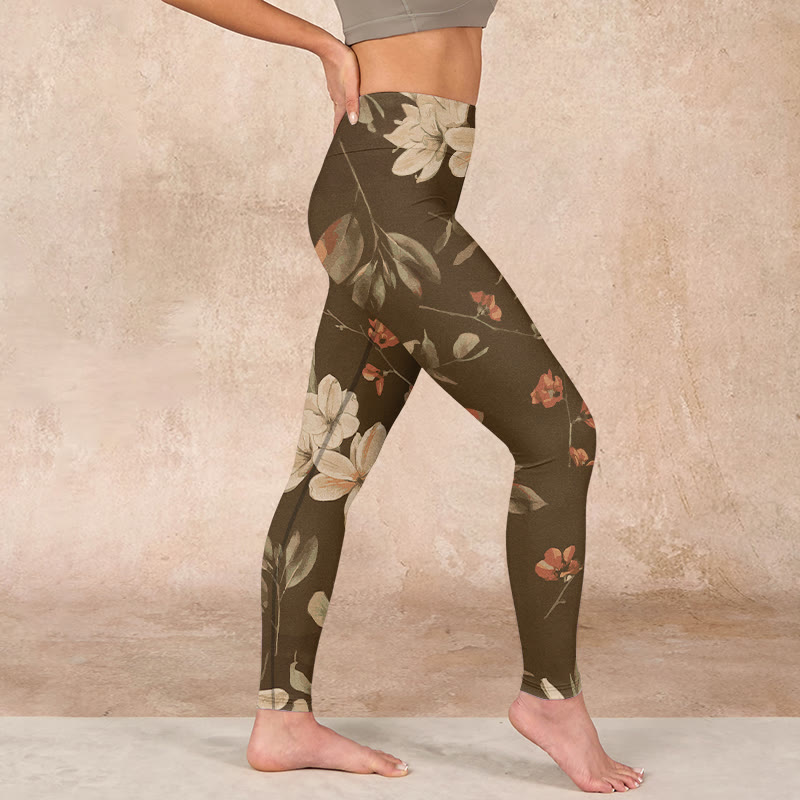 Purple White Flowers Leaves Blossom Print Gym Fitness Leggings Women's Yoga Pants