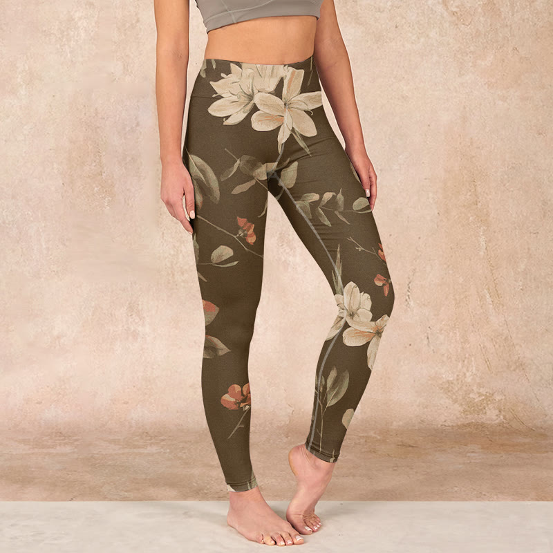 Purple White Flowers Leaves Blossom Print Gym Fitness Leggings Women's Yoga Pants