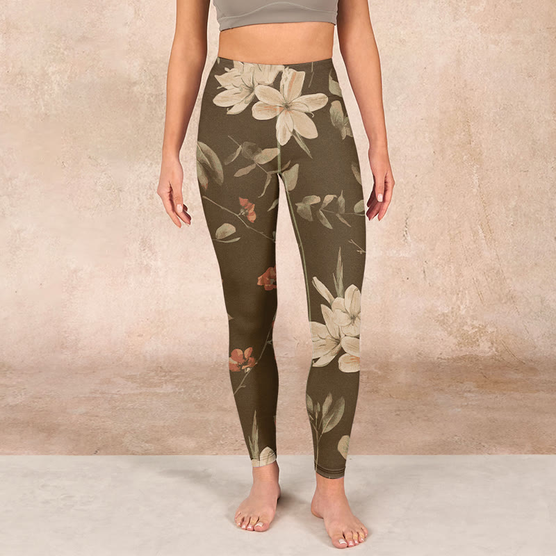 Purple White Flowers Leaves Blossom Print Gym Fitness Leggings Women's Yoga Pants