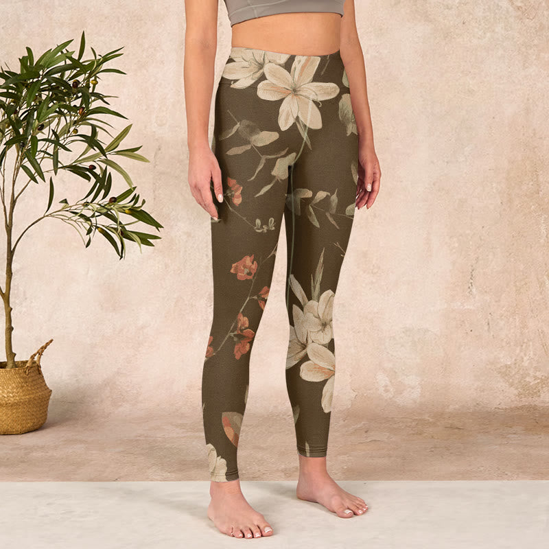 Purple White Flowers Leaves Blossom Print Gym Fitness Leggings Women's Yoga Pants