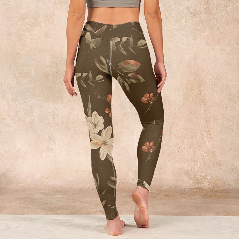 Purple White Flowers Leaves Blossom Print Gym Fitness Leggings Women's Yoga Pants