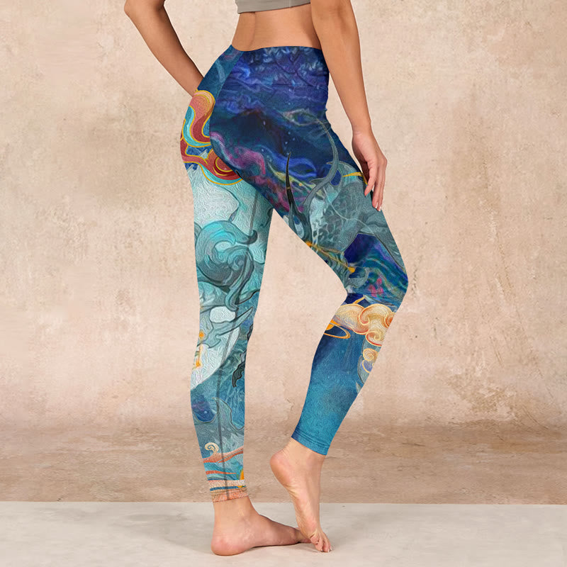 Blue Dragon Auspicious Clouds Print Gym Leggings Women's Yoga Pants