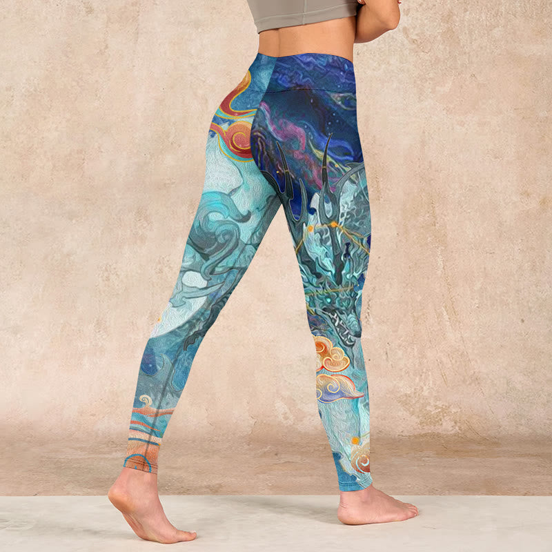 Blue Dragon Auspicious Clouds Print Gym Leggings Women's Yoga Pants