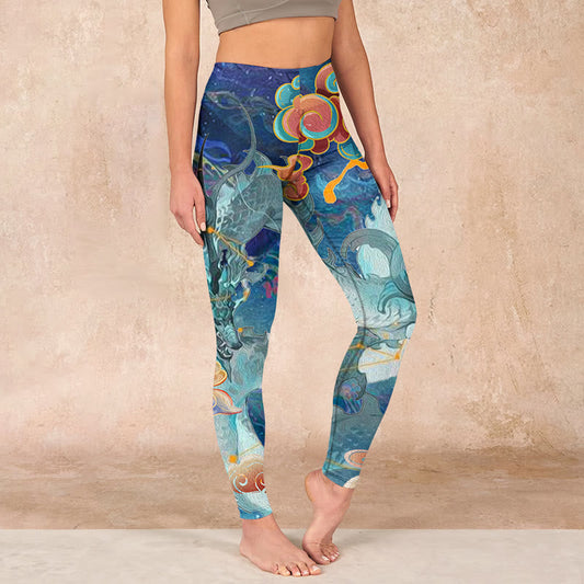Blue Dragon Auspicious Clouds Print Gym Leggings Women's Yoga Pants