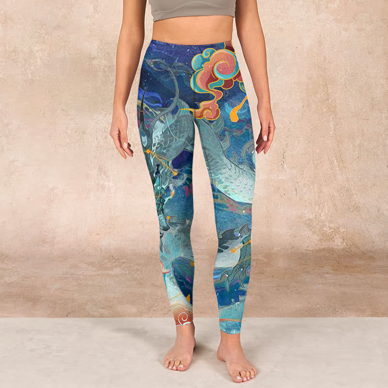 Blue Dragon Auspicious Clouds Print Gym Leggings Women's Yoga Pants