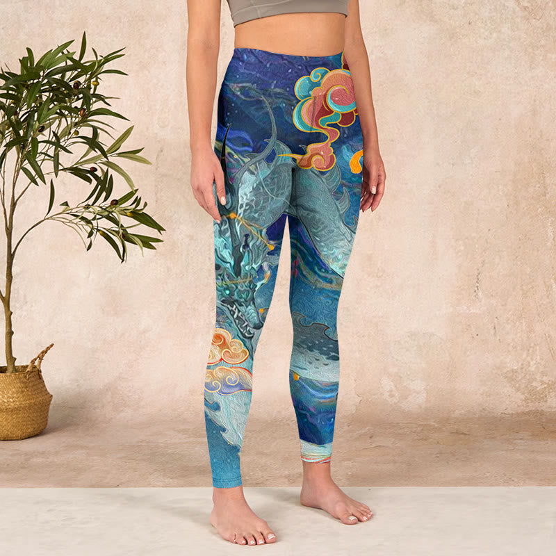 Blue Dragon Auspicious Clouds Print Gym Leggings Women's Yoga Pants
