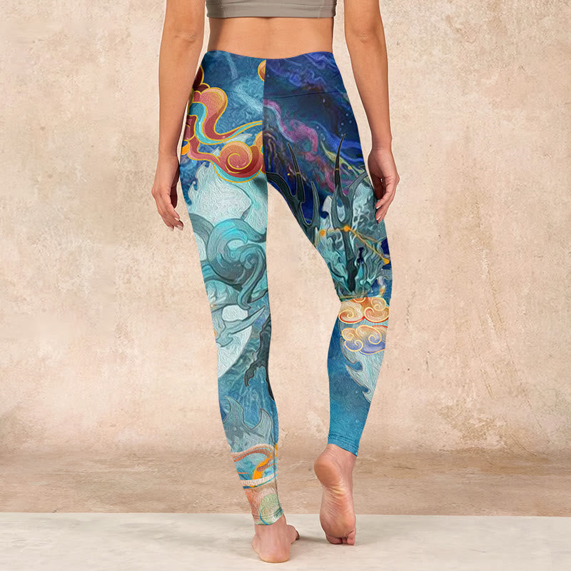 Blue Dragon Auspicious Clouds Print Gym Leggings Women's Yoga Pants