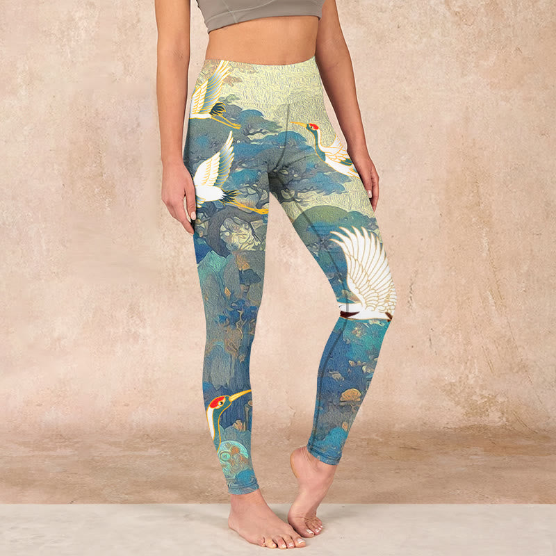 Blue Red-crowned Crane Pine Tree Print Gym Leggings Women's Yoga Pants