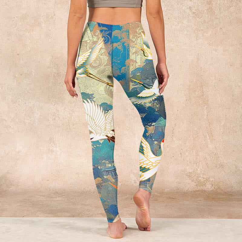Blue Red-crowned Crane Pine Tree Print Gym Leggings Women's Yoga Pants