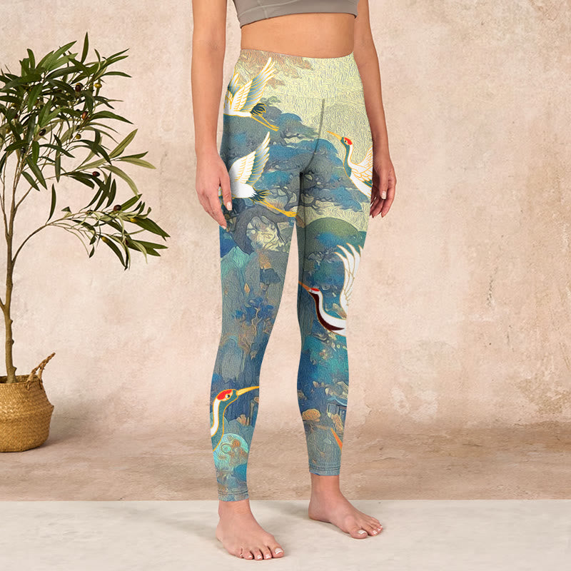 Blue Red-crowned Crane Pine Tree Print Gym Leggings Women's Yoga Pants