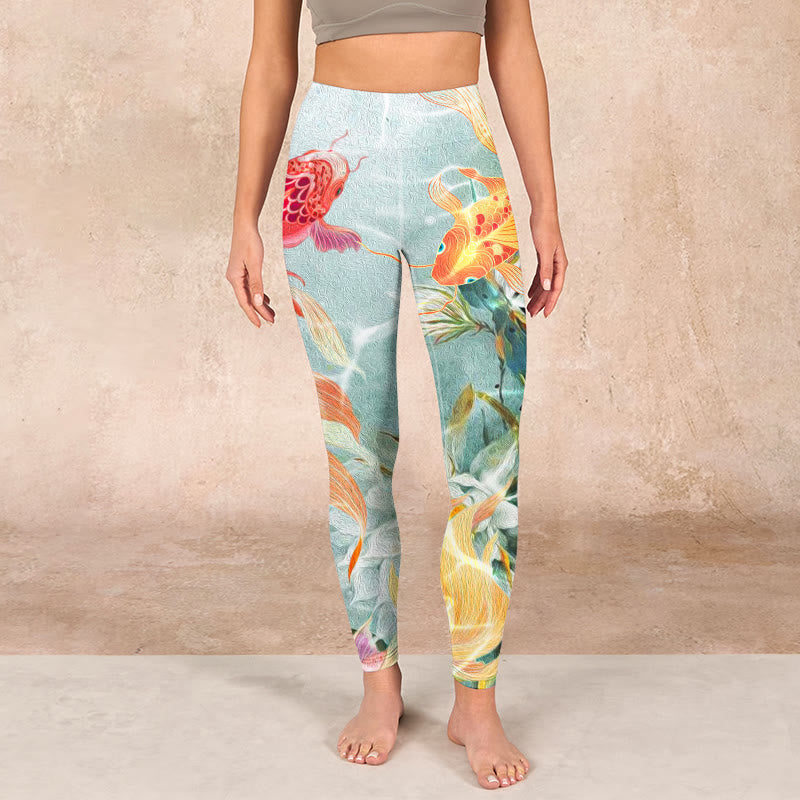 Green Koi Fish White Lotus Water Ripples Print Gym Leggings Women's Yoga Pants