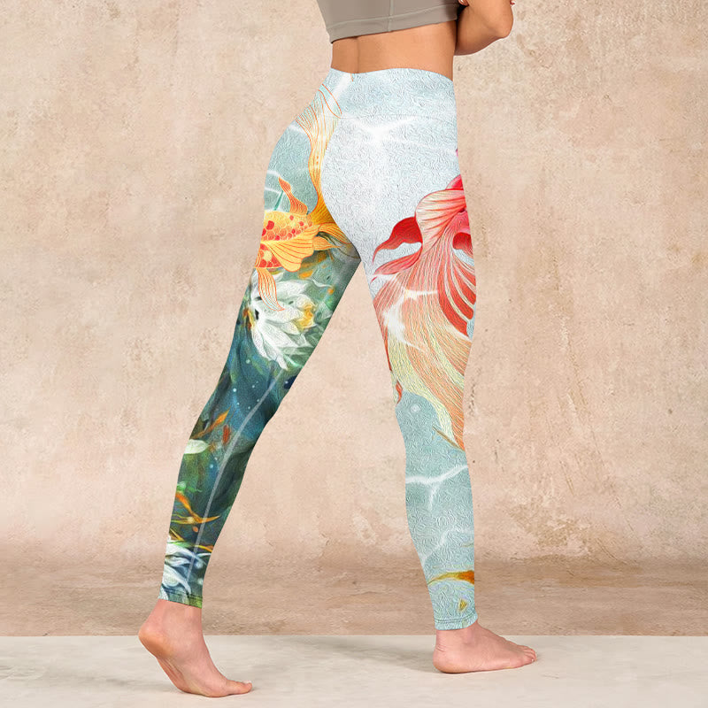 Green Koi Fish White Lotus Water Ripples Print Gym Leggings Women's Yoga Pants