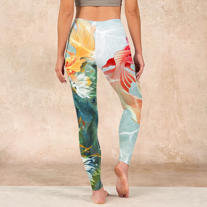 Green Koi Fish White Lotus Water Ripples Print Gym Leggings Women's Yoga Pants