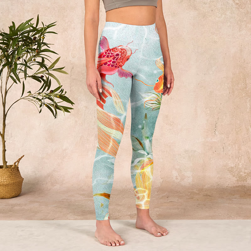 Green Koi Fish White Lotus Water Ripples Print Gym Leggings Women's Yoga Pants