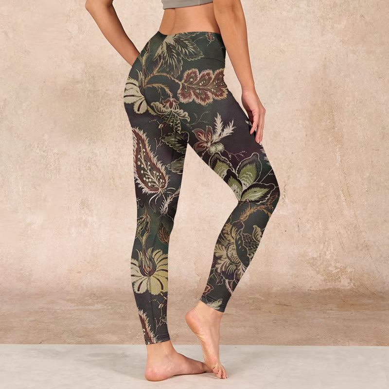 Olive Florals Print Sports Fitness Leggings Women's Yoga Pants