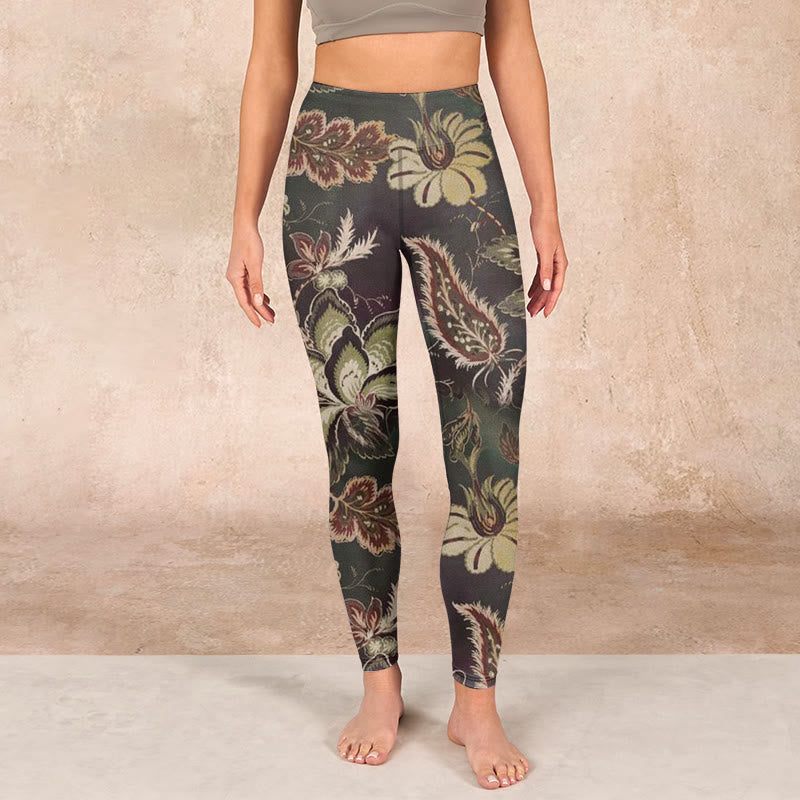 Olive Florals Print Sports Fitness Leggings Women's Yoga Pants