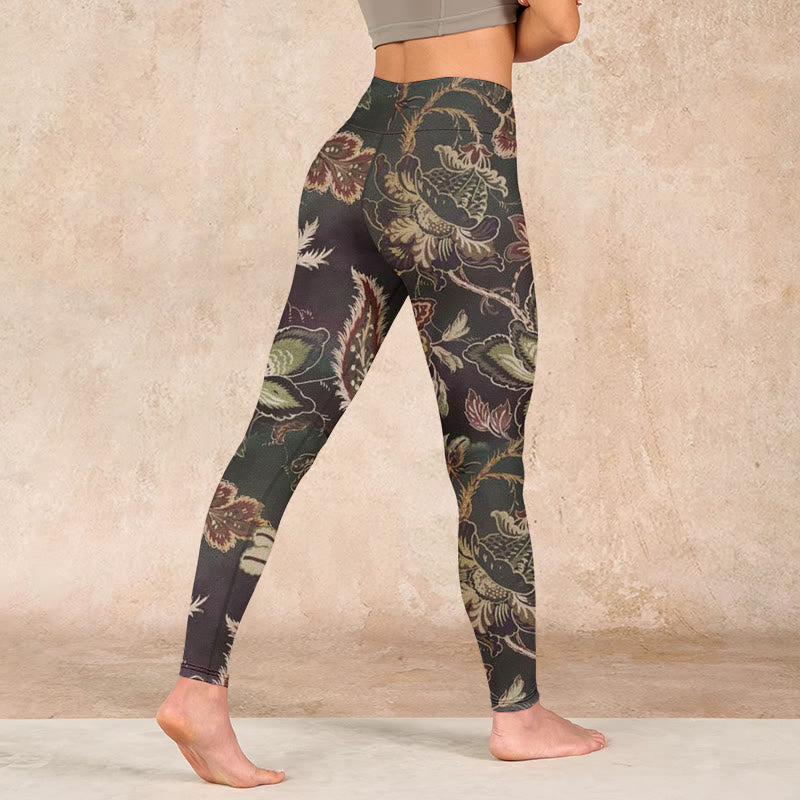Olive Florals Print Sports Fitness Leggings Women's Yoga Pants