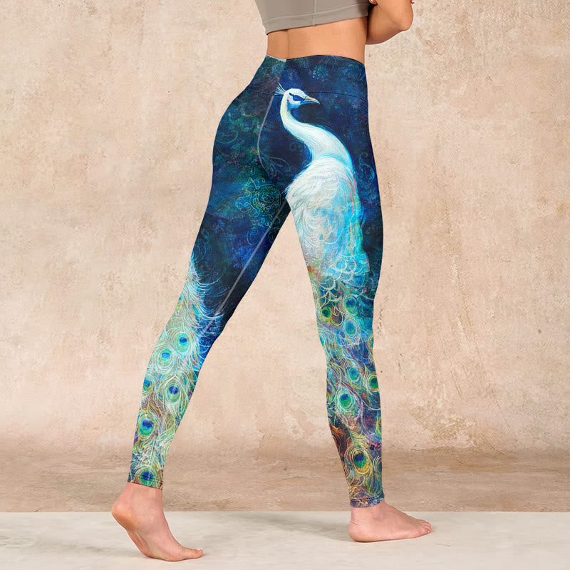 Blue Peacock Colorful Feathers Print Gym Leggings Women's Yoga Pants