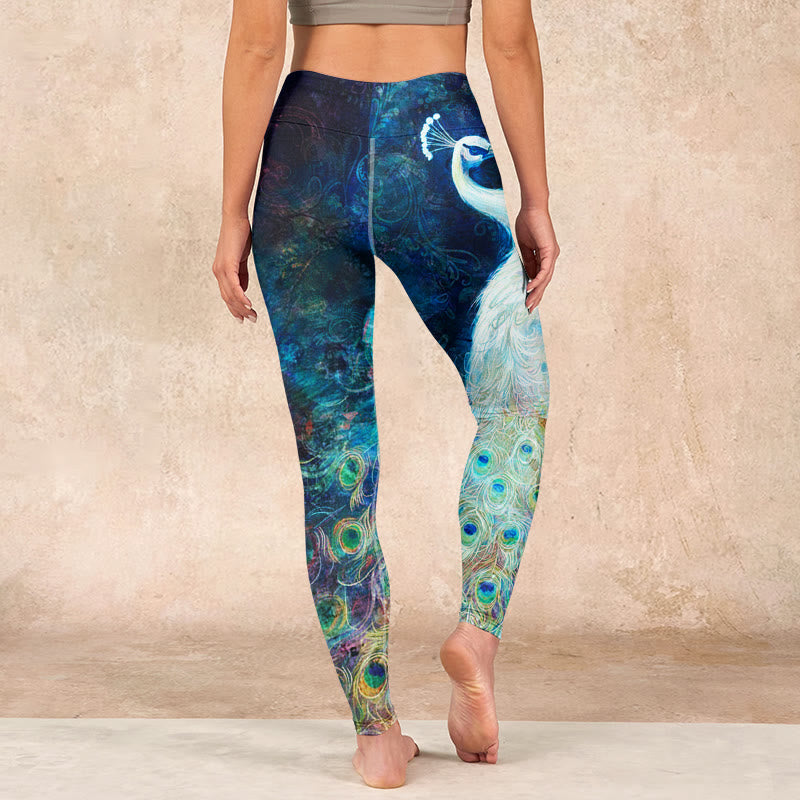 Blue Peacock Colorful Feathers Print Gym Leggings Women's Yoga Pants