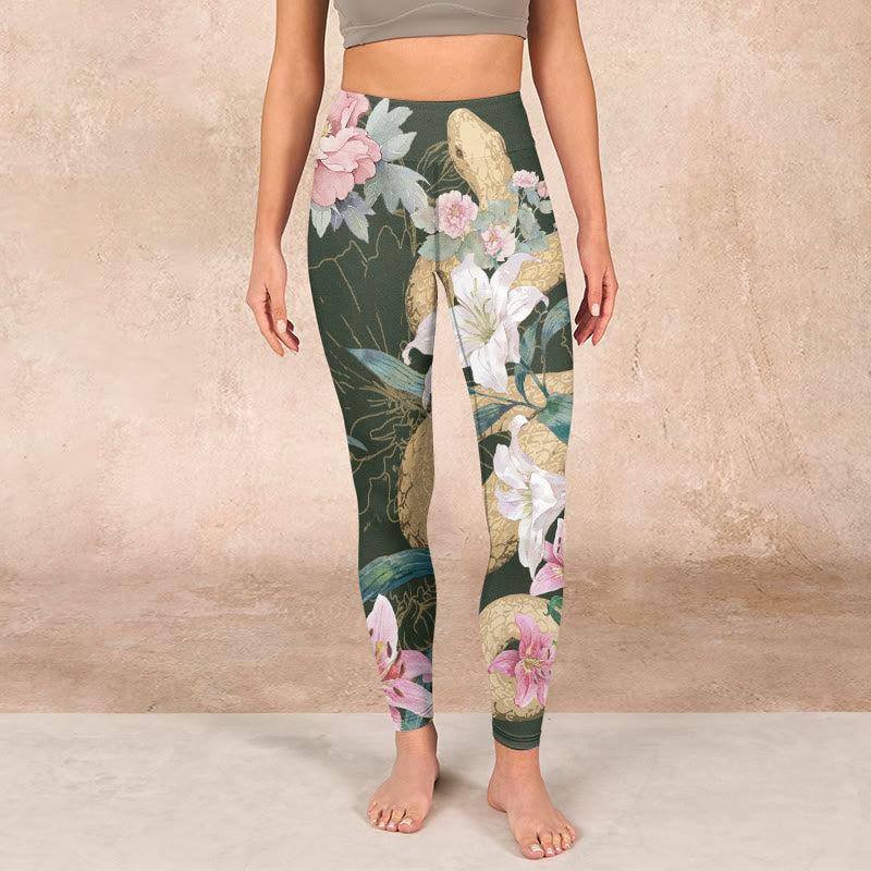 Green Golden Snake Lily Peony Flowers Print Gym Leggings Women's Yoga Pants