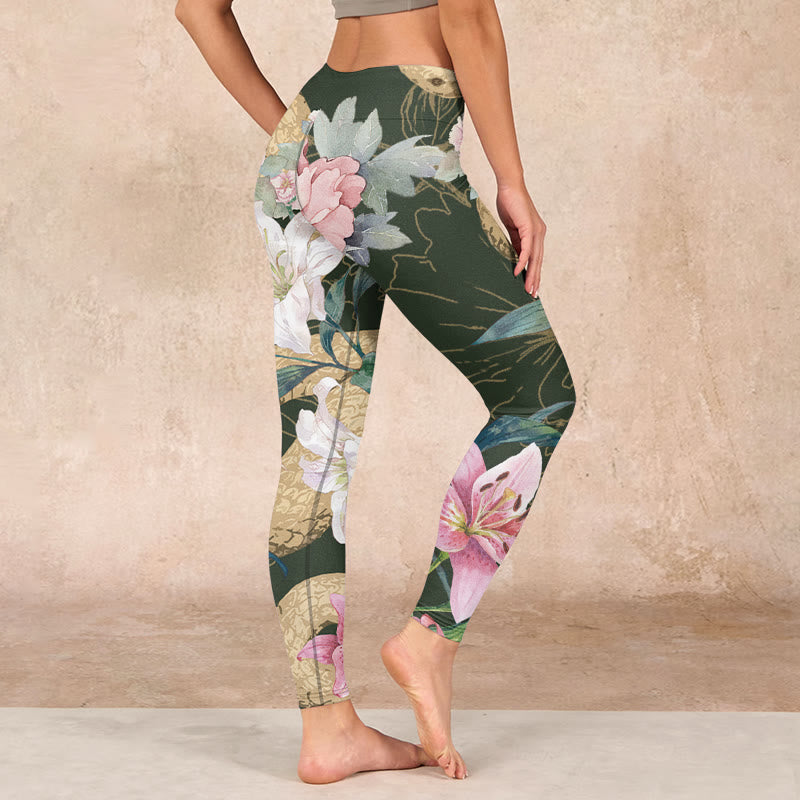 Green Golden Snake Lily Peony Flowers Print Gym Leggings Women's Yoga Pants