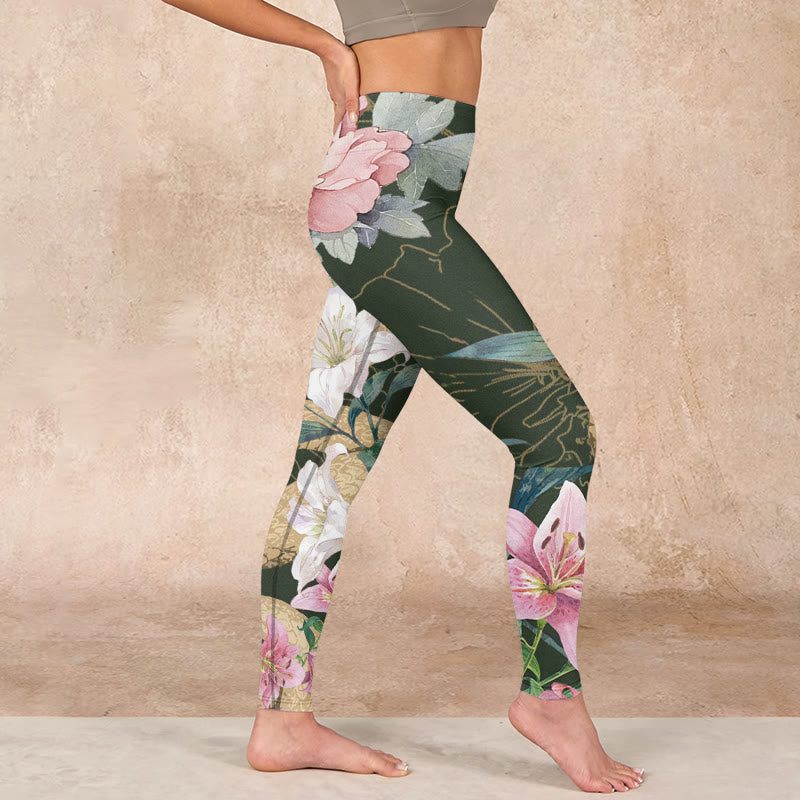 Green Golden Snake Lily Peony Flowers Print Gym Leggings Women's Yoga Pants