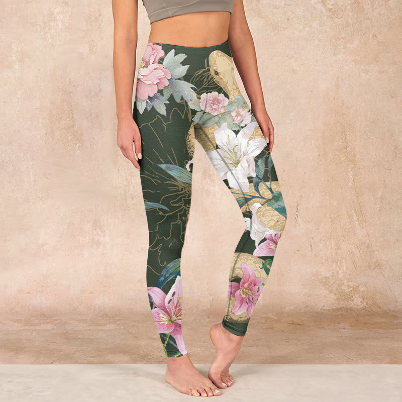 Green Golden Snake Lily Peony Flowers Print Gym Leggings Women's Yoga Pants