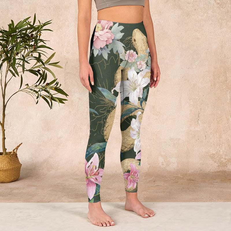 Green Golden Snake Lily Peony Flowers Print Gym Leggings Women's Yoga Pants