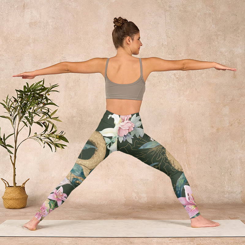 Green Golden Snake Lily Peony Flowers Print Gym Leggings Women's Yoga Pants