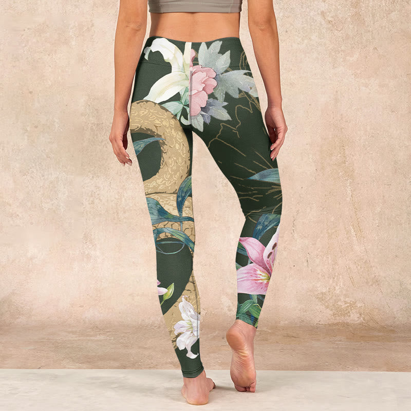 Green Golden Snake Lily Peony Flowers Print Gym Leggings Women's Yoga Pants