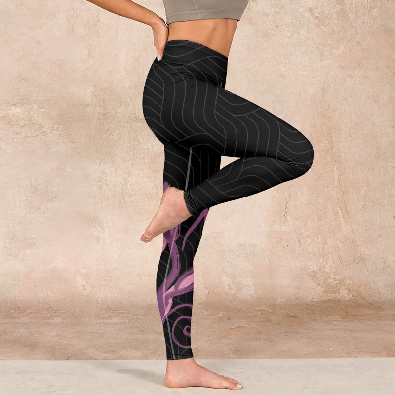 Black Pink Lotus Flower Print Gym Leggings Women's Yoga Pants