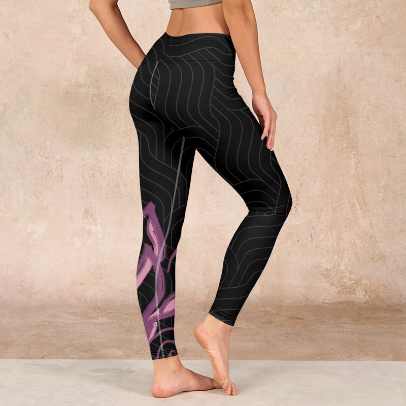 Black Pink Lotus Flower Print Gym Leggings Women's Yoga Pants