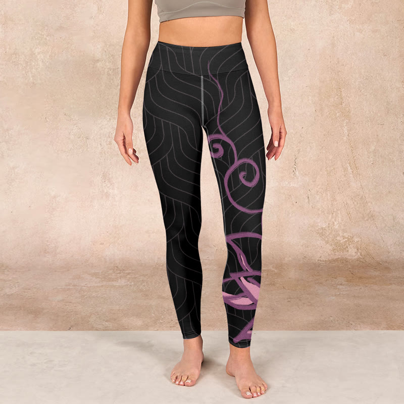 Black Pink Lotus Flower Print Gym Leggings Women's Yoga Pants
