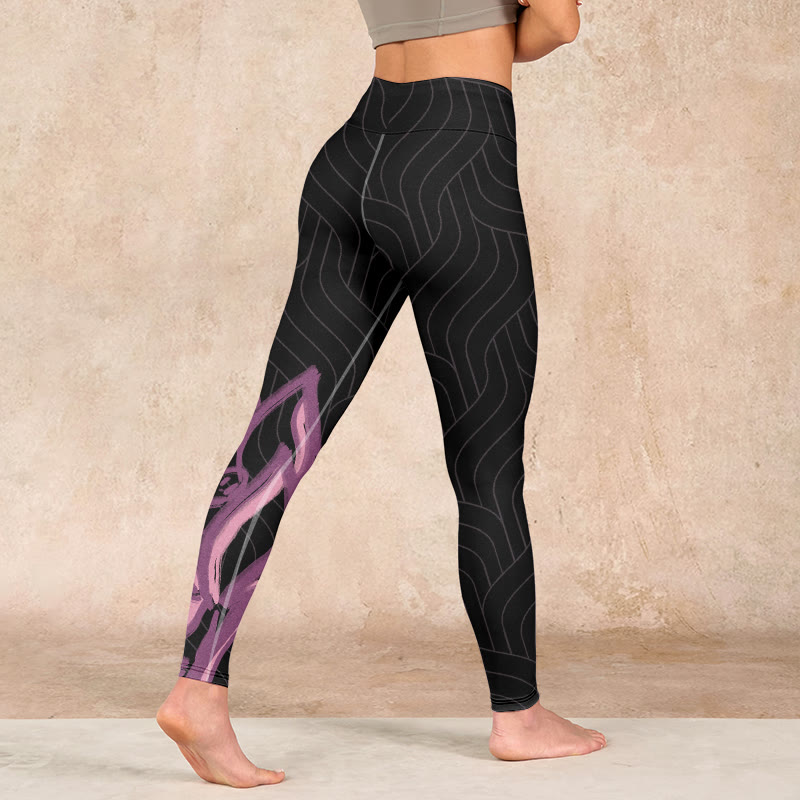 Black Pink Lotus Flower Print Gym Leggings Women's Yoga Pants