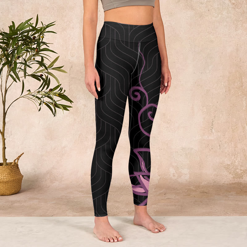 Black Pink Lotus Flower Print Gym Leggings Women's Yoga Pants