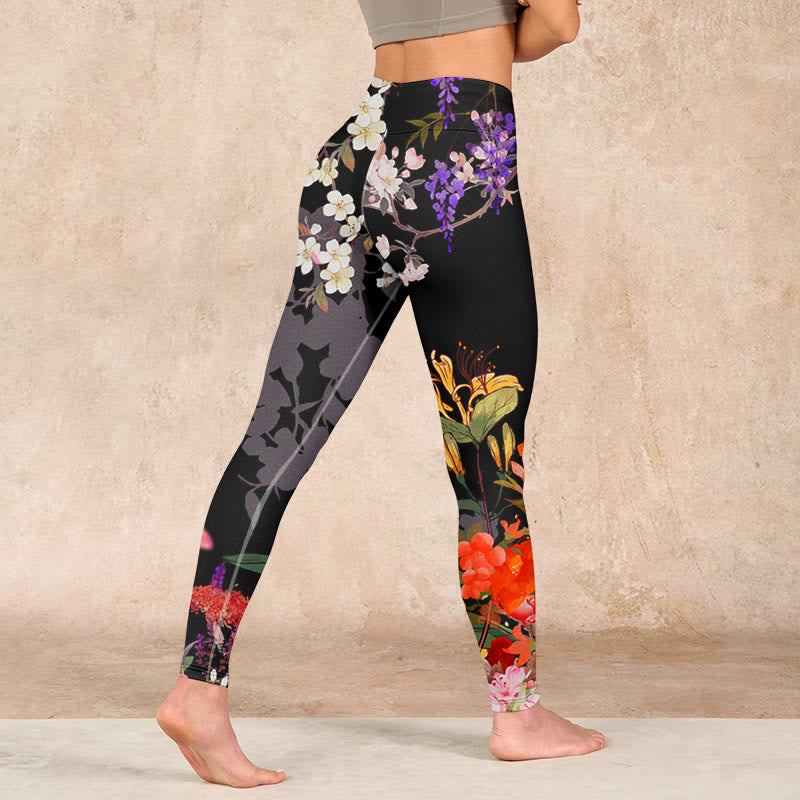 Black Colorful Flowers Print Gym Leggings Women's Yoga Pants