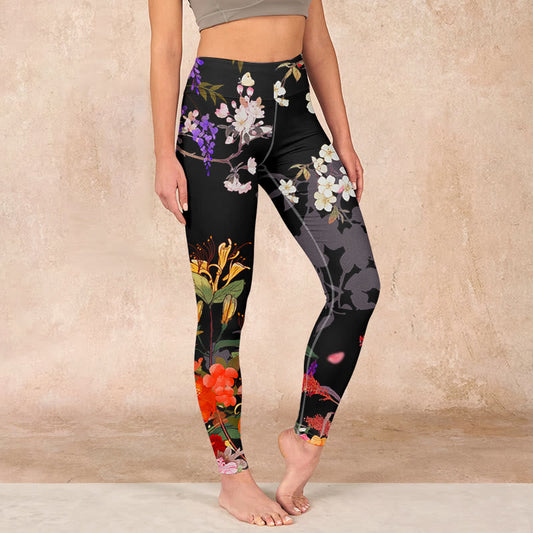 Black Colorful Flowers Print Gym Leggings Women's Yoga Pants